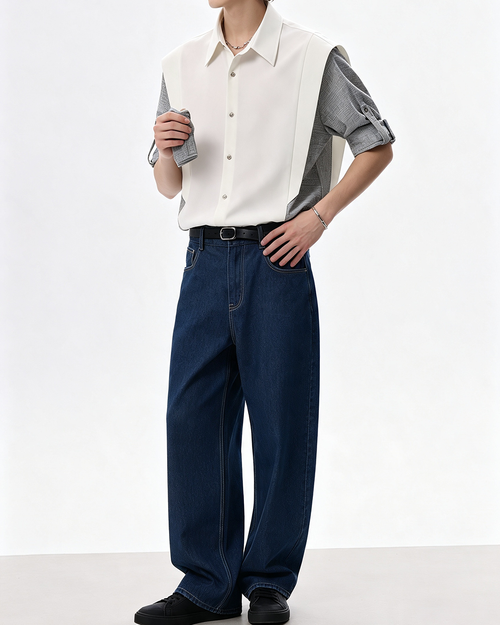 Men Fake Two Piece Spliced ShirtProduct - 1