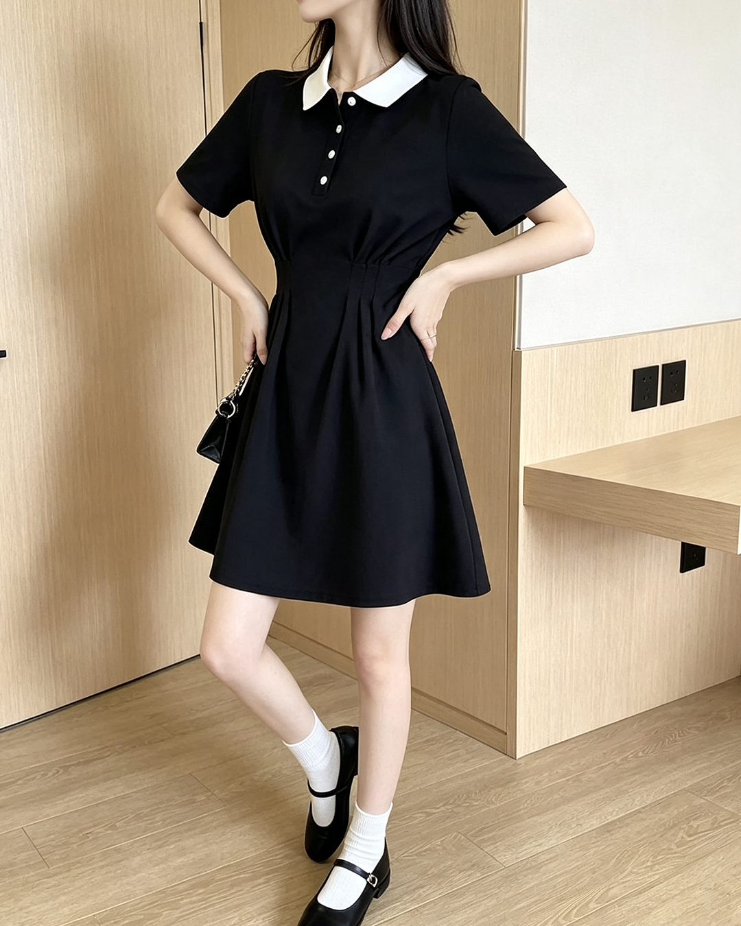 Women Slim Polo Collar Black Mini Dress - 1