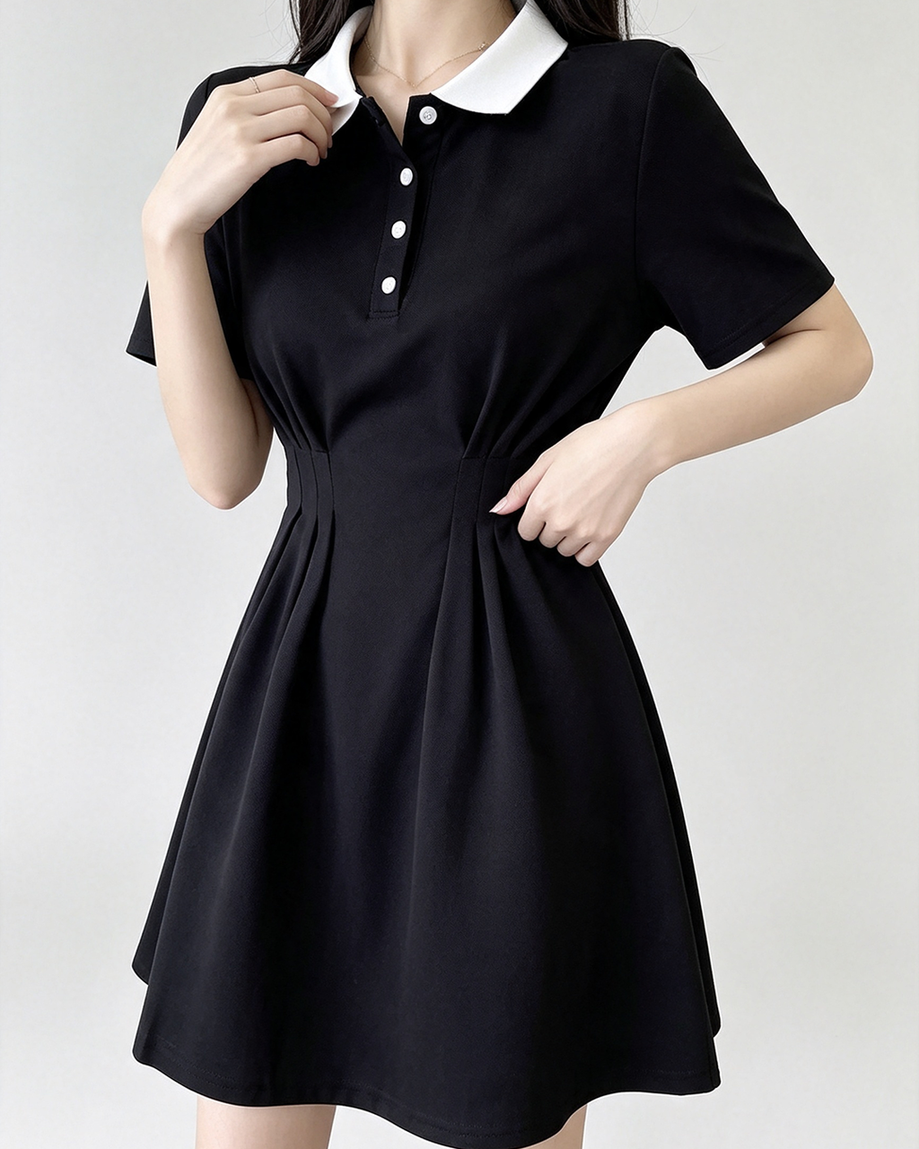Women Slim Polo Collar Black Mini Dress - 2