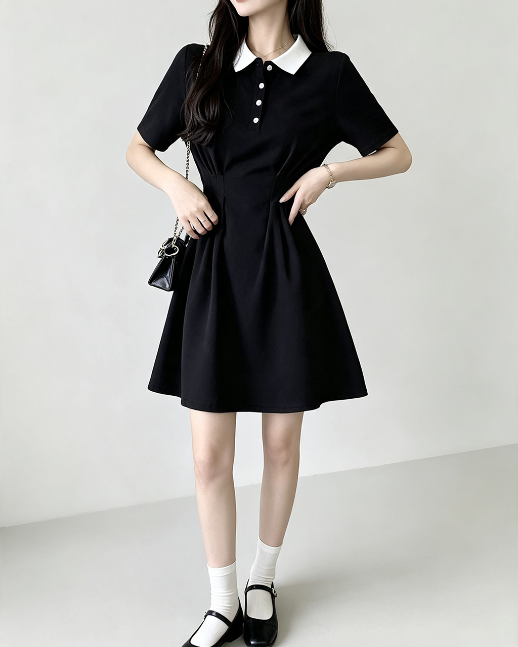 Women Slim Polo Collar Black Mini Dress - 3